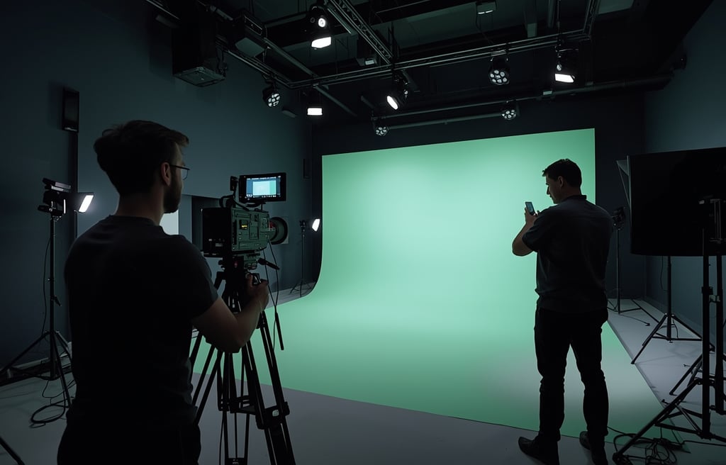 equipa de produtora audiovisual gravando vídeo profissional com câmeras e iluminação