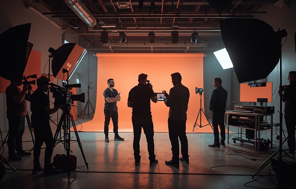 Equipa de produtora audiovisual em gravação com câmaras e iluminação profissional