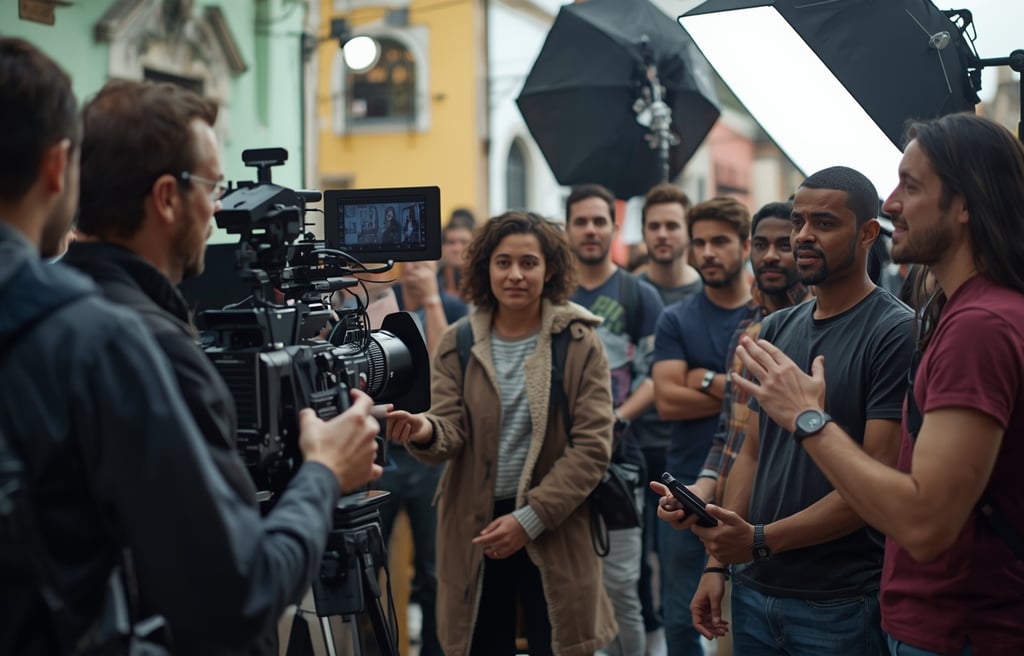 Produtora de vídeo em Braga com equipe profissional gravando com iluminação e câmera de cinema