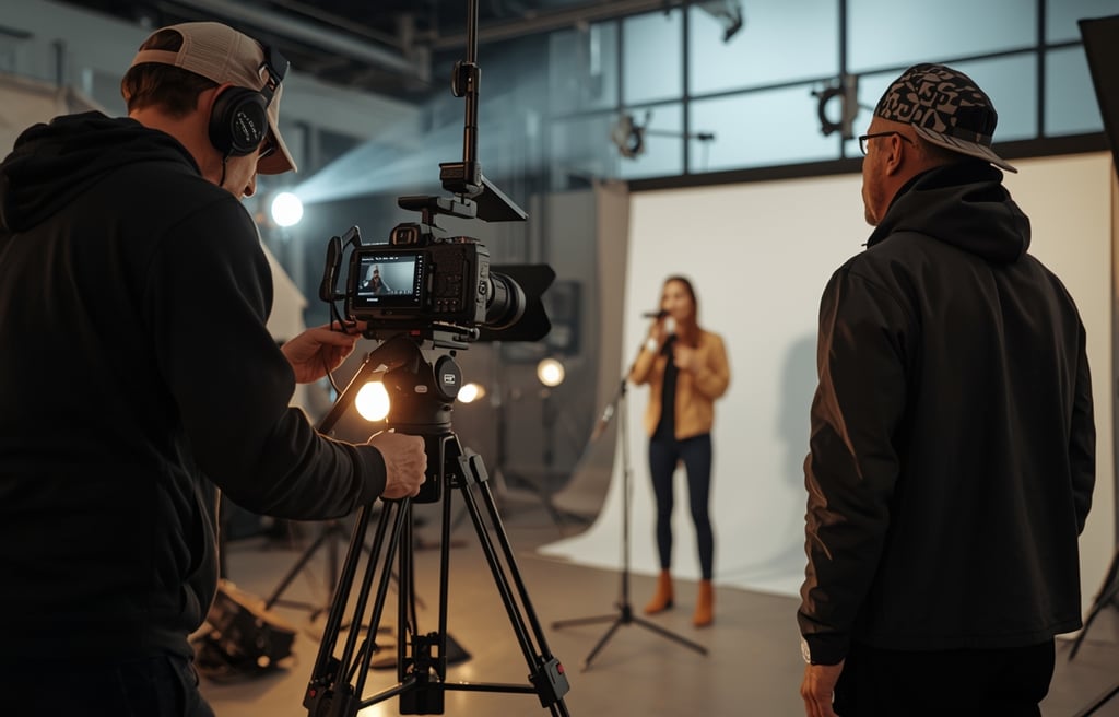 Equipa a gravar videoclipe profissional com câmara cinema e iluminação em Portugal