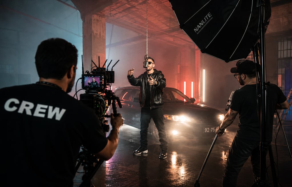 Produção de videoclipe profissional com equipa e artista em gravação com iluminação e câmera