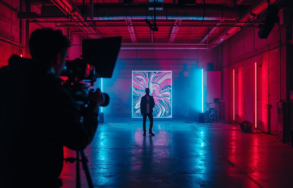 Artista a gravar videoclipe moderno com iluminação criativa no Norte de Portugal