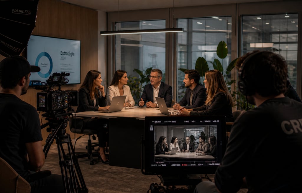 Produção de vídeo empresarial com equipa gravando conteúdo corporativo em ambiente profissional