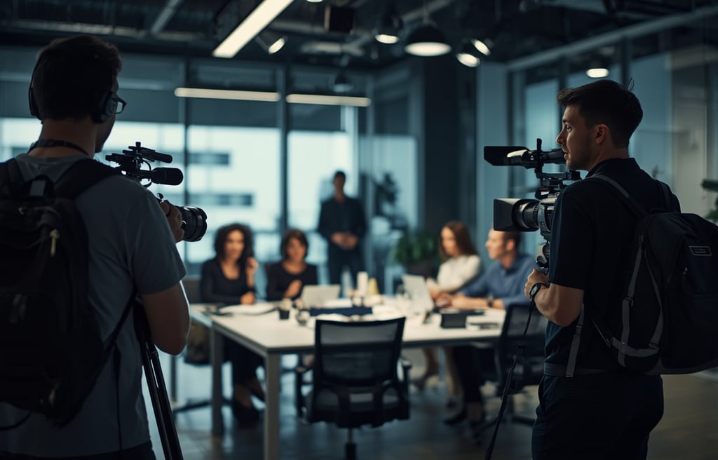 Produção de vídeo institucional com equipa gravando conteúdo corporativo em escritório moderno