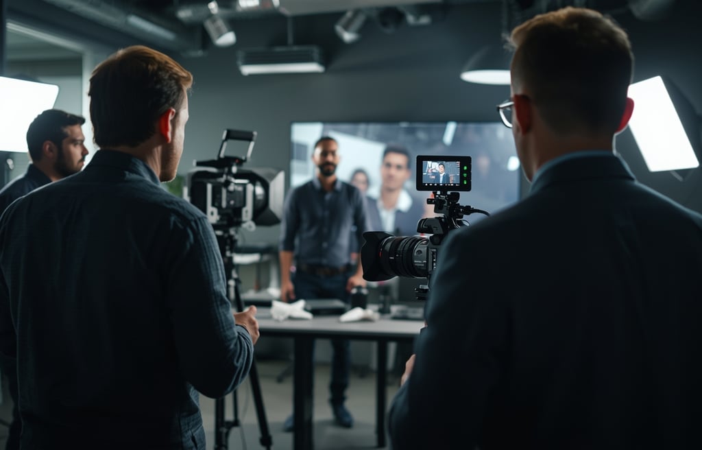 Produção de vídeo institucional com equipa filmando empresa em ambiente corporativo