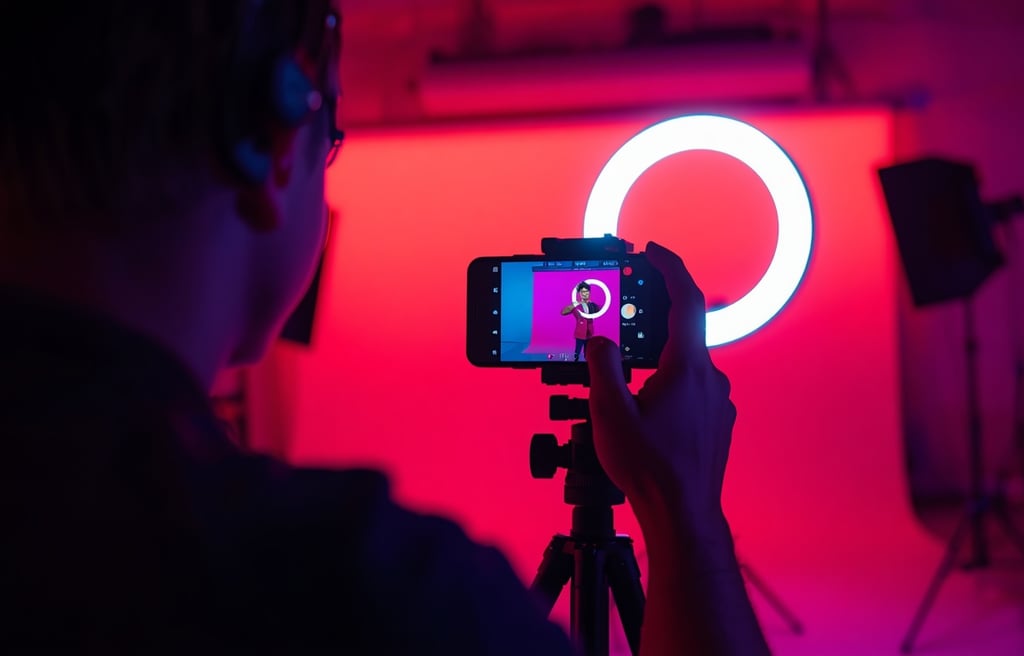 Criador gravando vídeos para TikTok com smartphone e iluminação profissional