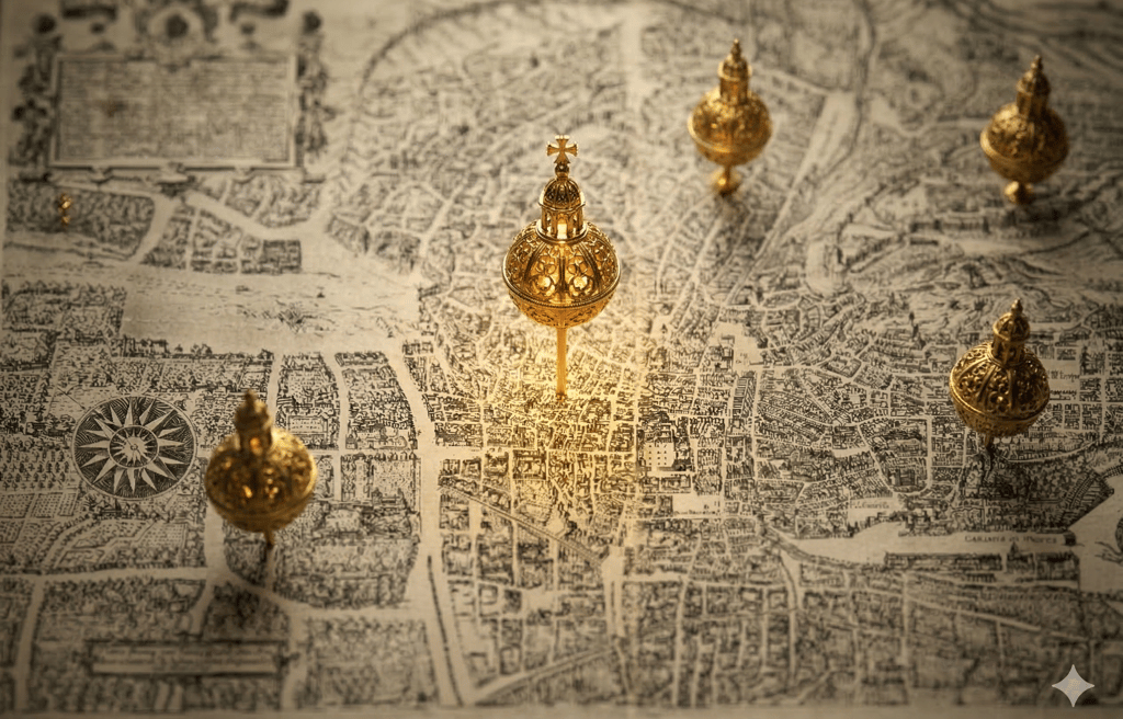 Mapa antiguo de Granada señalando hospitales históricos perdidos.