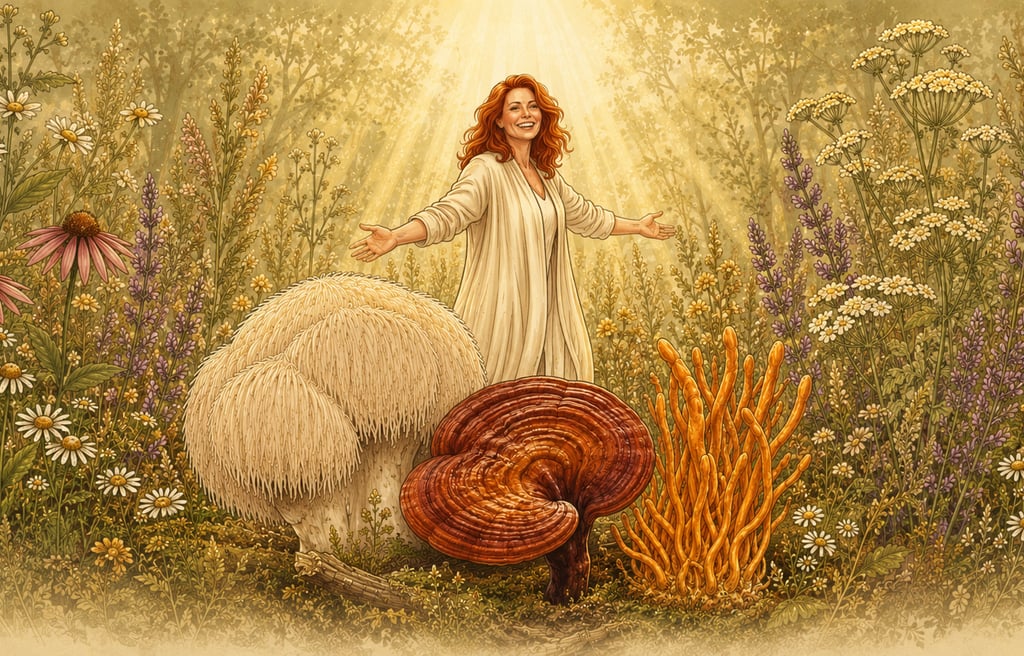 A woman stands in a meadow of medicinal mushrooms like lion's mane, reishi, and cordyceps with sunlight.