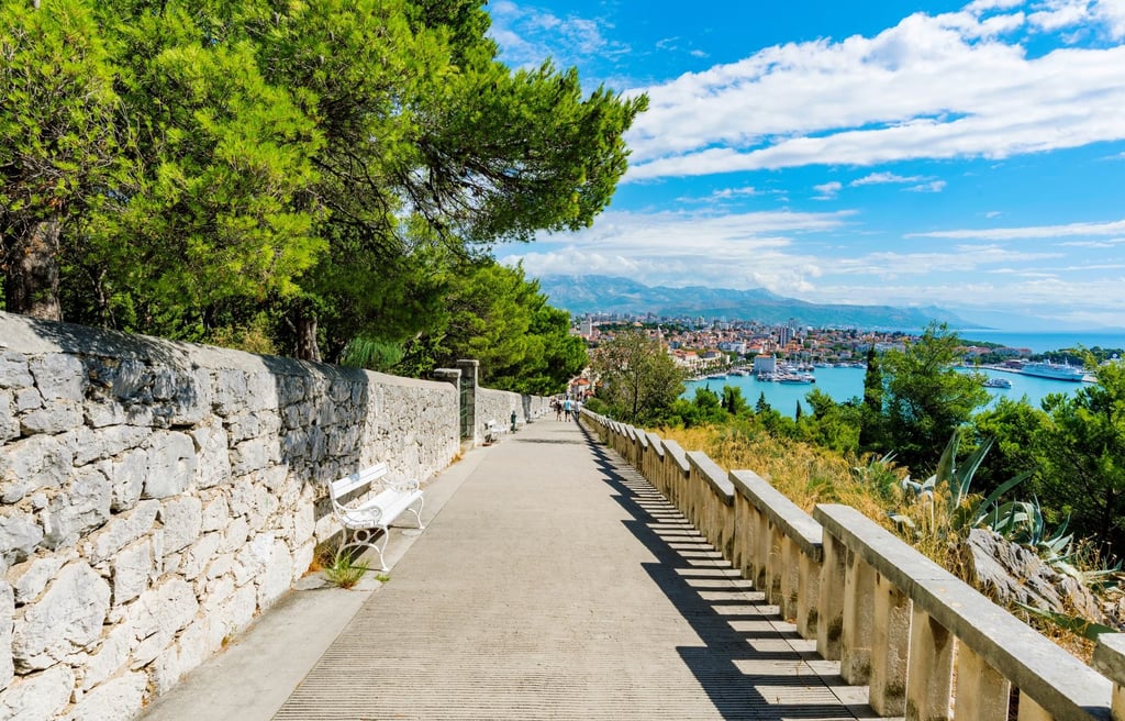 Scenic walking path on Marjan Hill overlooking the city and harbour of Split