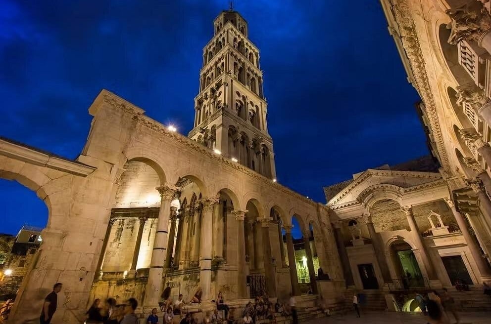 Diocletian’s Palace and Saint Domnius Bell Tower at night in Split Old Town