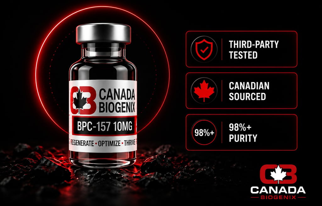 Canada Biogenix BPC-157 10mg peptide vial with third-party tested and 98 percent purity labels.