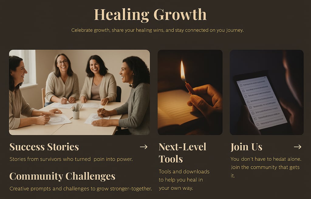 Healing Growth section with four images: group in an art session, journaling hand, phone tools, and