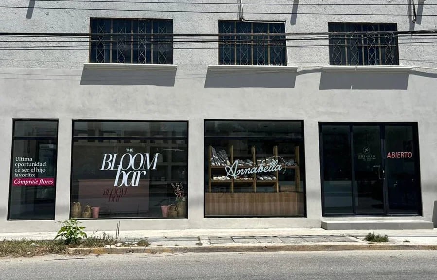 Street view of The Bloom Bar flower shop and Annabella bakery storefront windows with modern signage.