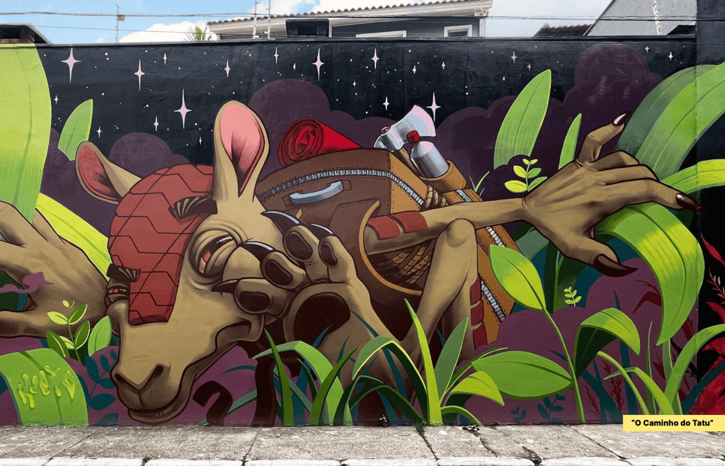 Levi Aquino conectou o tupi-guarani à arte urbana. Seu mural de 8,6x5,5m apresenta a frase "caminho