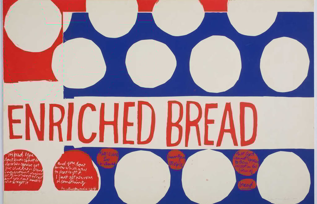 Serigrafia colorida e vibrante de Sister Corita Kent, com texto inspirador e design gráfico arrojado