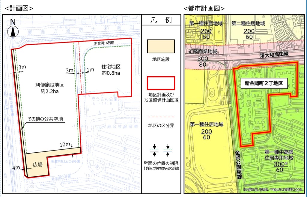 新金岡町2丁の地区計画素案の区域図｜利便施設2.2ha・住宅0.8ha・広場配置を示す｜堺市のニュースならサカイタイムズ