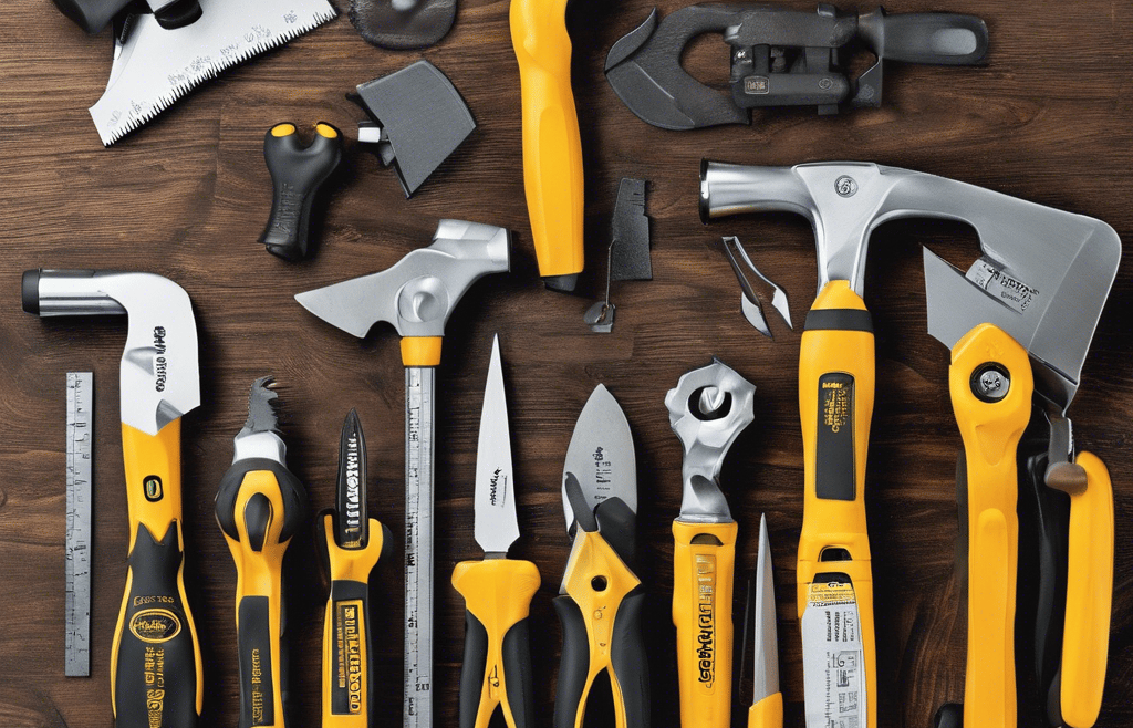 clothes iron, hammer, axe, flashlight and pitcher on brown wooden table