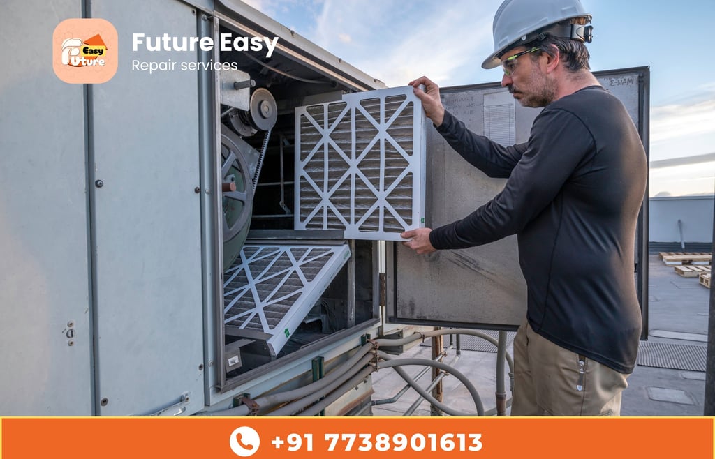 A person is inspecting an air conditioning unit.