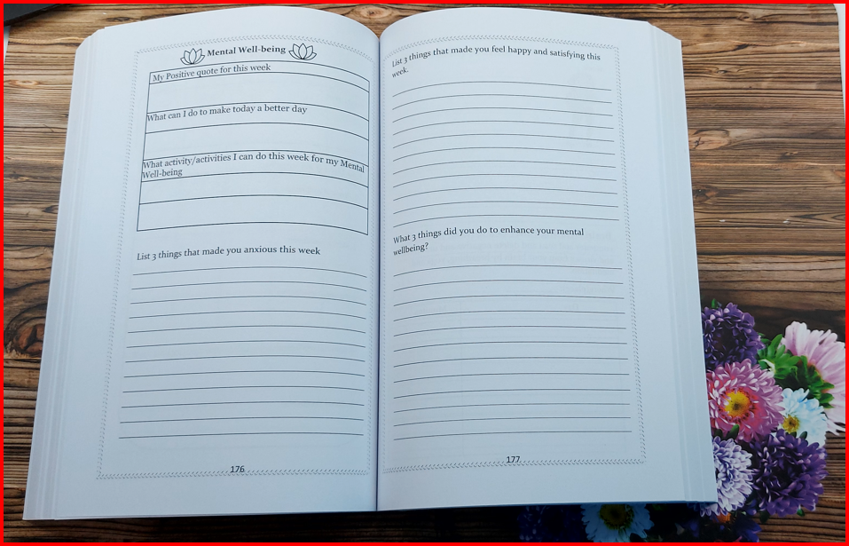 Two pages from a mental health journal with prompts