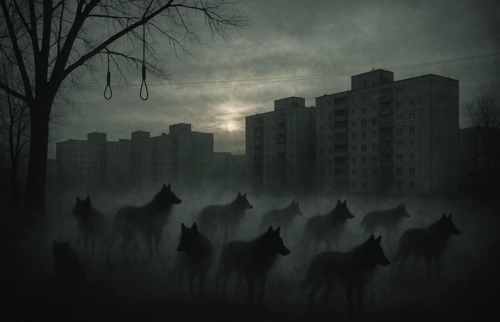 a herd of dogs in a city park