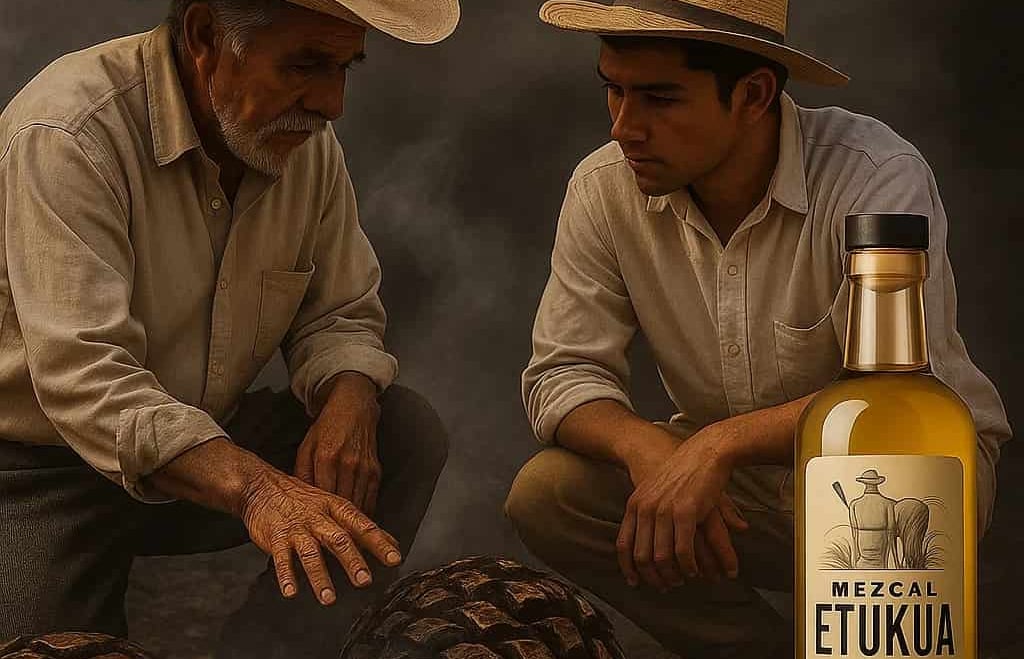  Maestro mezcalero enseñando a joven aprendiz el proceso de cocción del maguey en horno de tierra.
