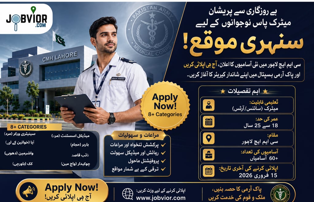 CMH Lahore Jobs 2026 advertisement banner featuring a male medical assistant, Pakistan Army