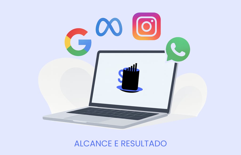 Notebook com logotipo da Leadspresso e ícones do Google, Meta, Instagram e WhatsApp — tráfego pago 