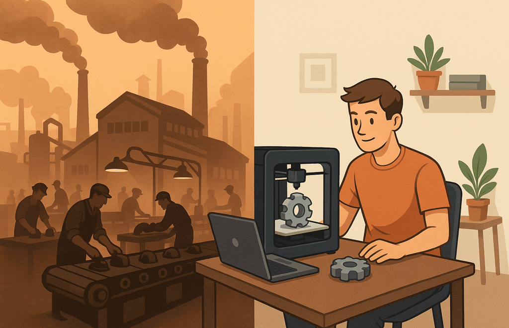 an image showing the evolution of item production from large scale factories to 3D printing