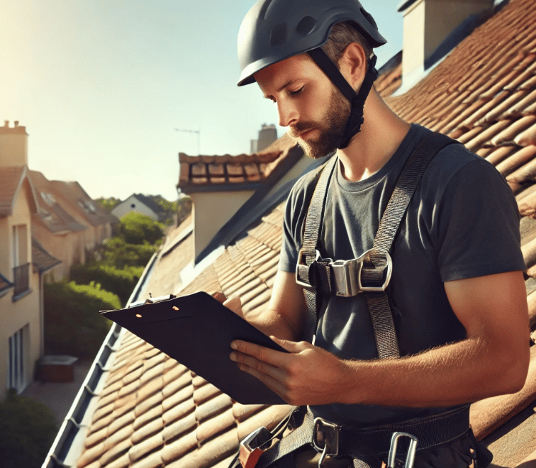Couvreur professionnel inspectant un toit en tuiles endommagé avec un presse-papiers à la main