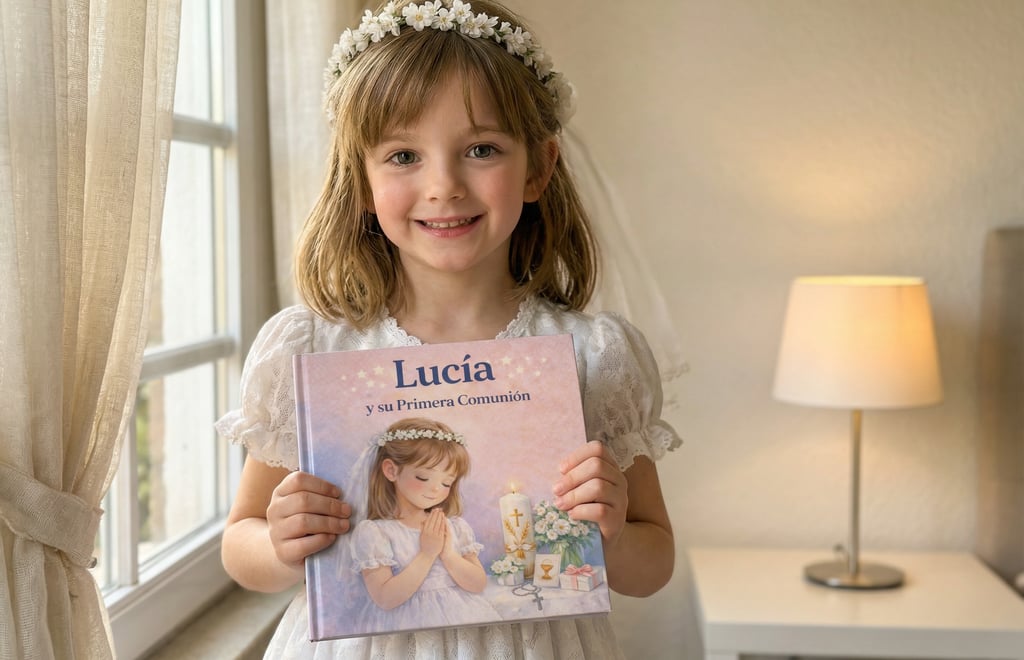 Niña vestida de comunión sostiene un libro personalizado