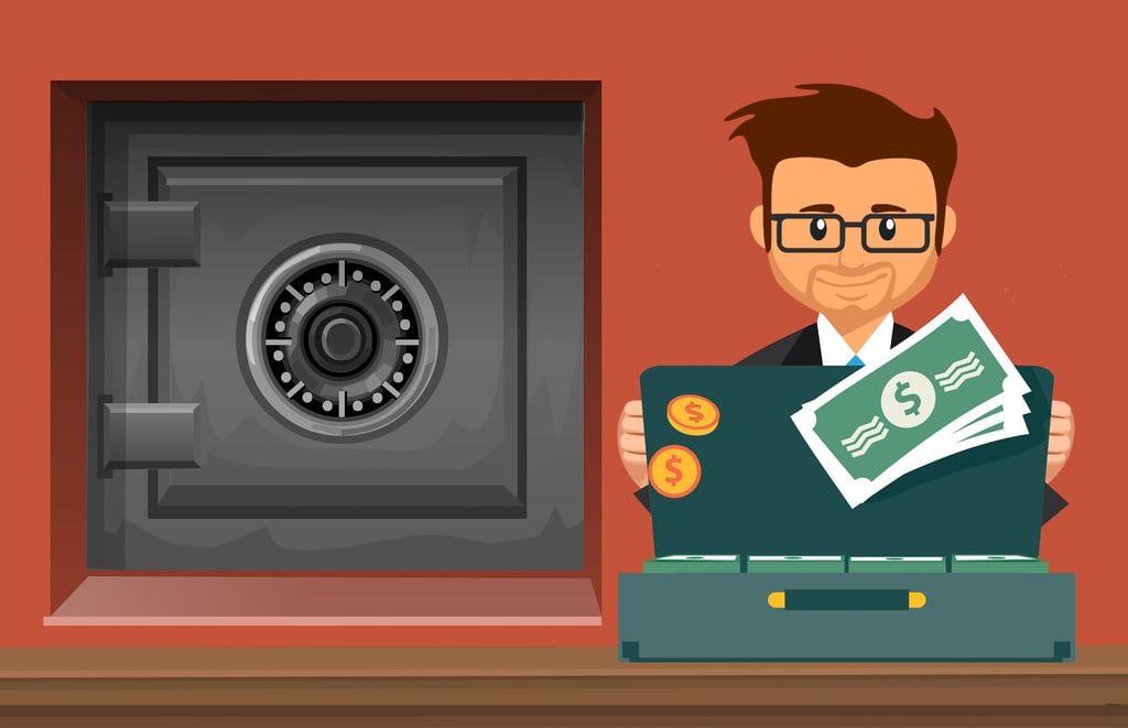 animated cartoon guy with briefcase of money and gold coins and safe in background