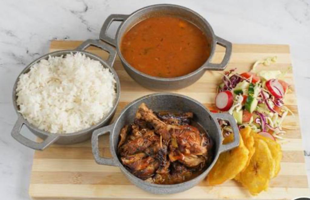a variety of food items including rice, rice, and vegetables