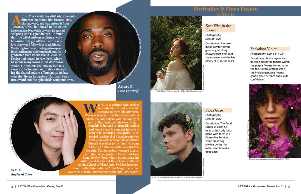 Page 4 and 5 of Art Talk catalog featuring photos and descriptions of artists and showcasing art collection.