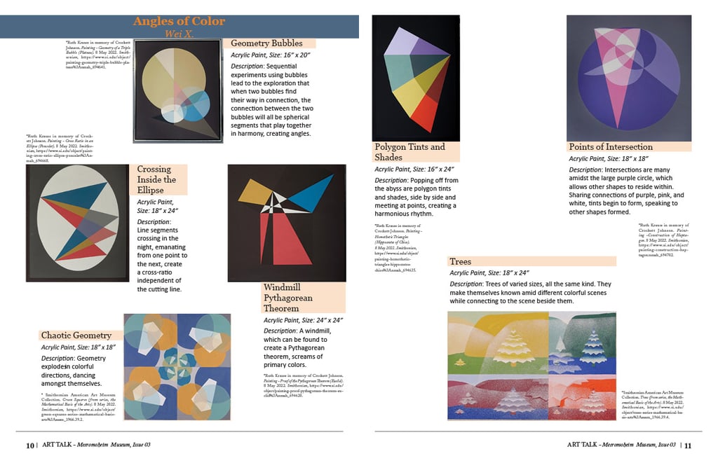 Page 10 and 11 of Art Talk catalog featuring the art collection "Angles of Color."