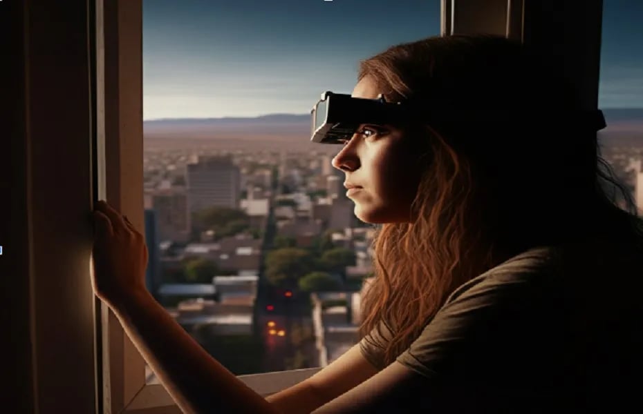a woman wearing a virtual reality headset and a virtual reality headset