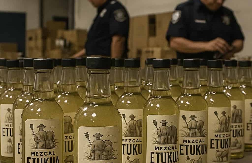  Botellas de mezcal falsificado decomisadas en Jalisco alineadas como evidencia