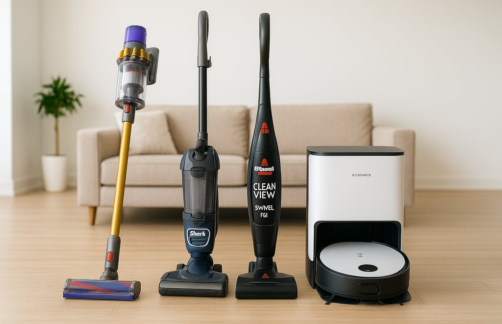 Top-rated vacuum cleaners 2025 displayed in spacious modern living room.