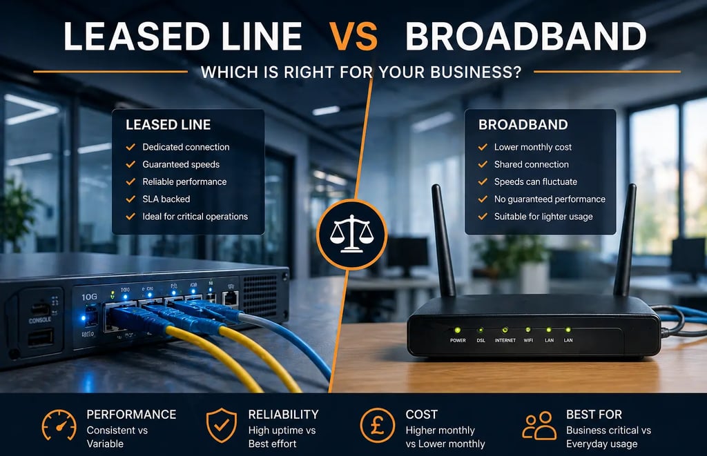 Leased line vs broadband comparison showing business network equipment and connectivity differences in a UK office