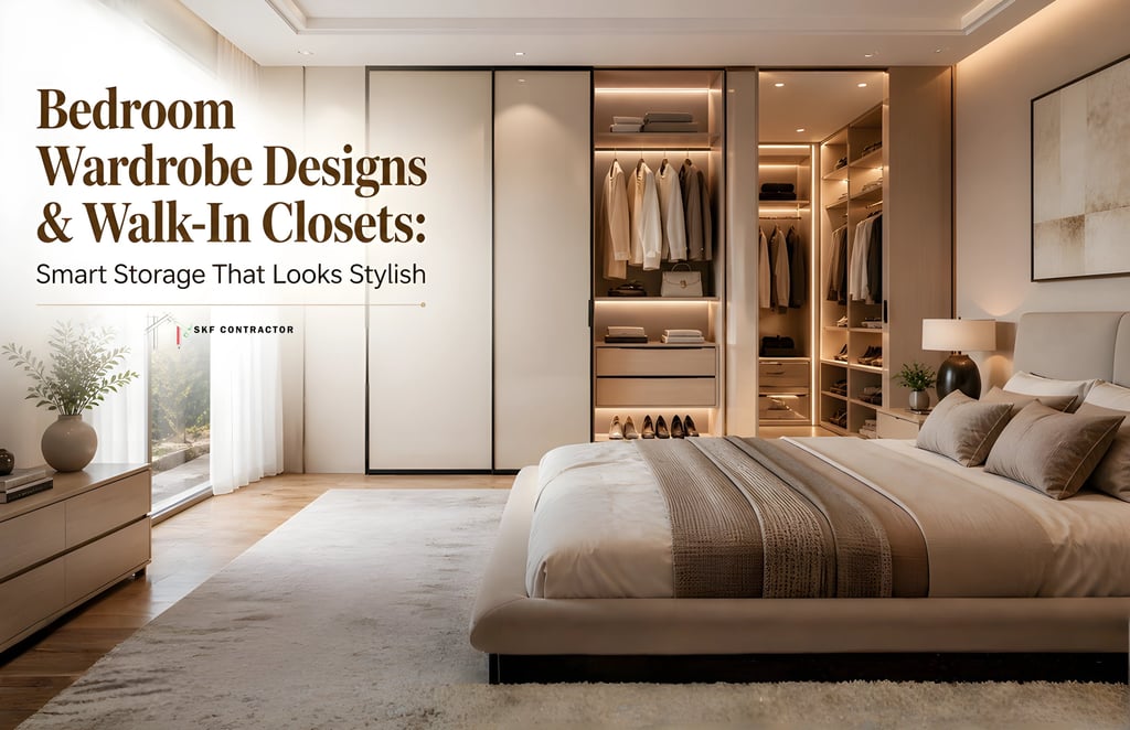 Modern bedroom wardrobe design featuring a luxury walk-in closet with smart storage and LED lighting.