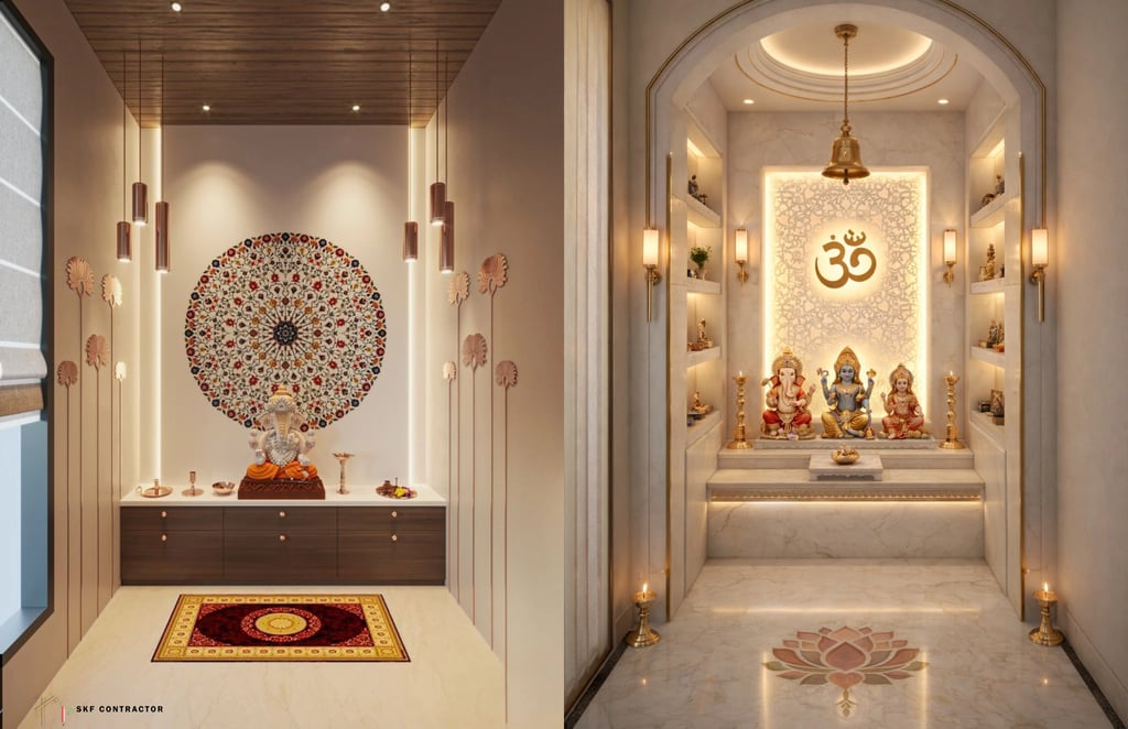 Modern puja room designs featuring elegant marble altars, divine Hindu idols, and ambient LED lighting.