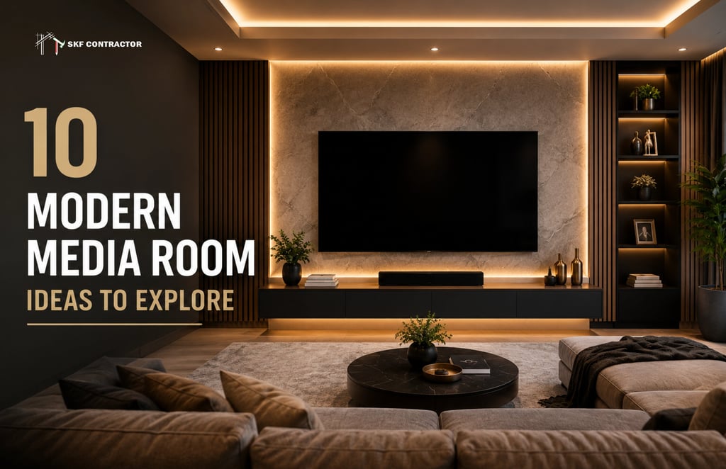 Modern media room featuring a large wall-mounted TV with warm LED backlighting and a sleek floating console.