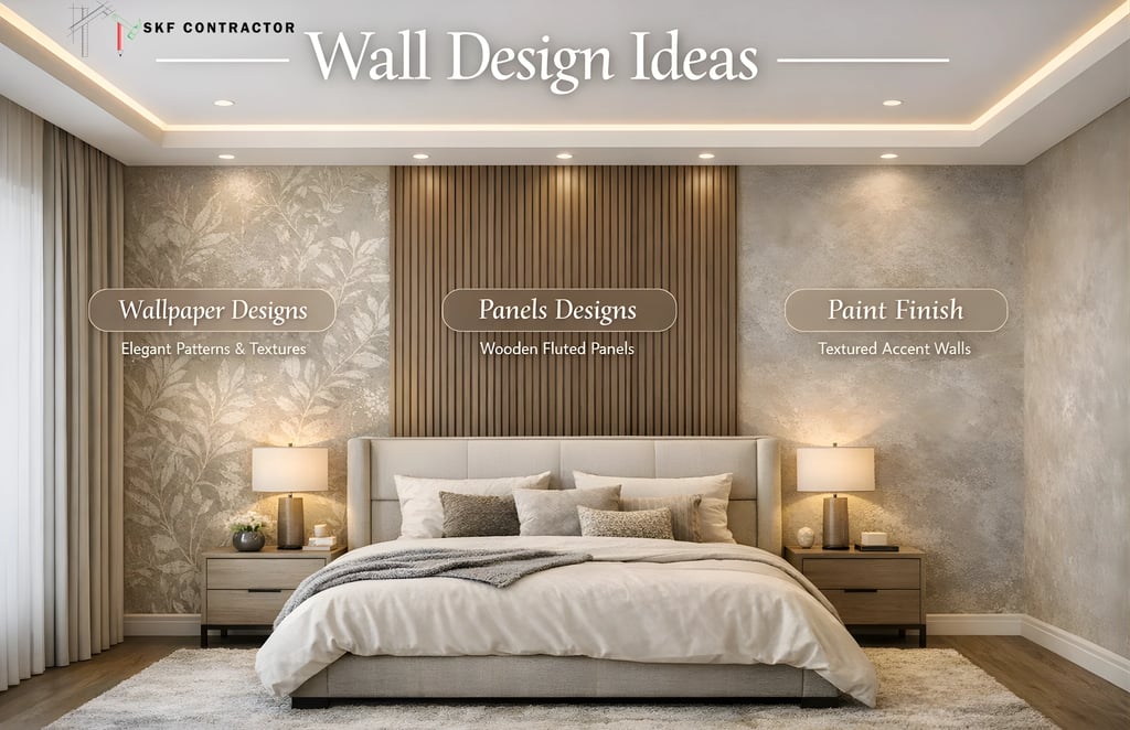Modern bedroom interior showcasing wallpaper designs, wooden fluted panels, and textured paint finish wall decor.