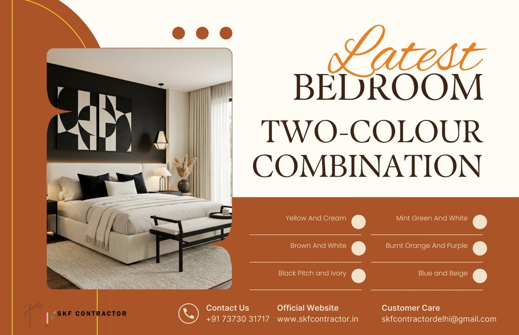 Modern bedroom two-colour combination design featuring a black accent wall and ivory furniture.