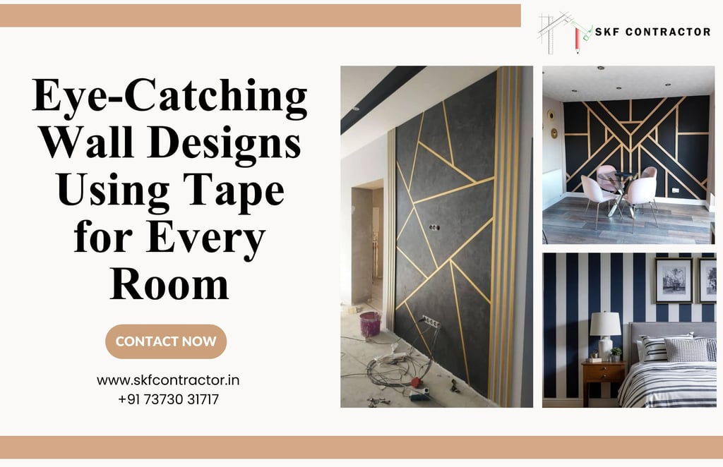 Creative wall design ideas featuring geometric gold tape patterns on dark accent walls for home interior decor.