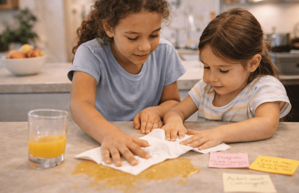 sisters cleaning spilled orange juice demonstrating caring attribute of the IB learner profile