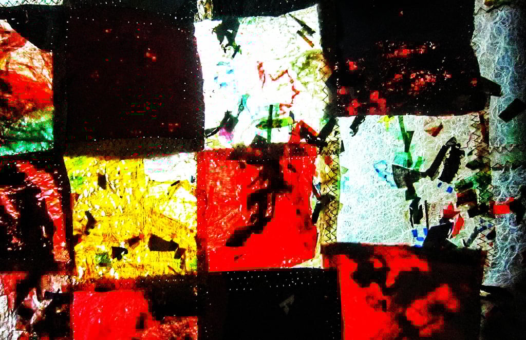 Red abstract patchwork motif from recycle plastic ironed 