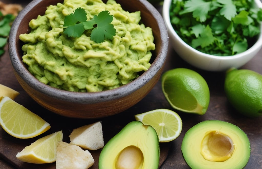 A bowl of fresh homemade guacamole with avocado, cilantro, tomatoes, and lime, perfect for dipping t