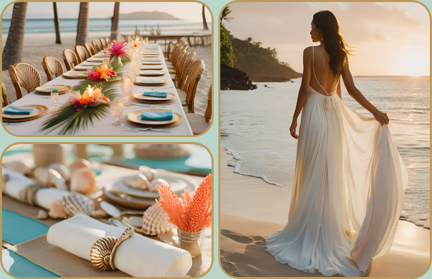 détail décoration mariage plage soleil coquillage table et robe mariée