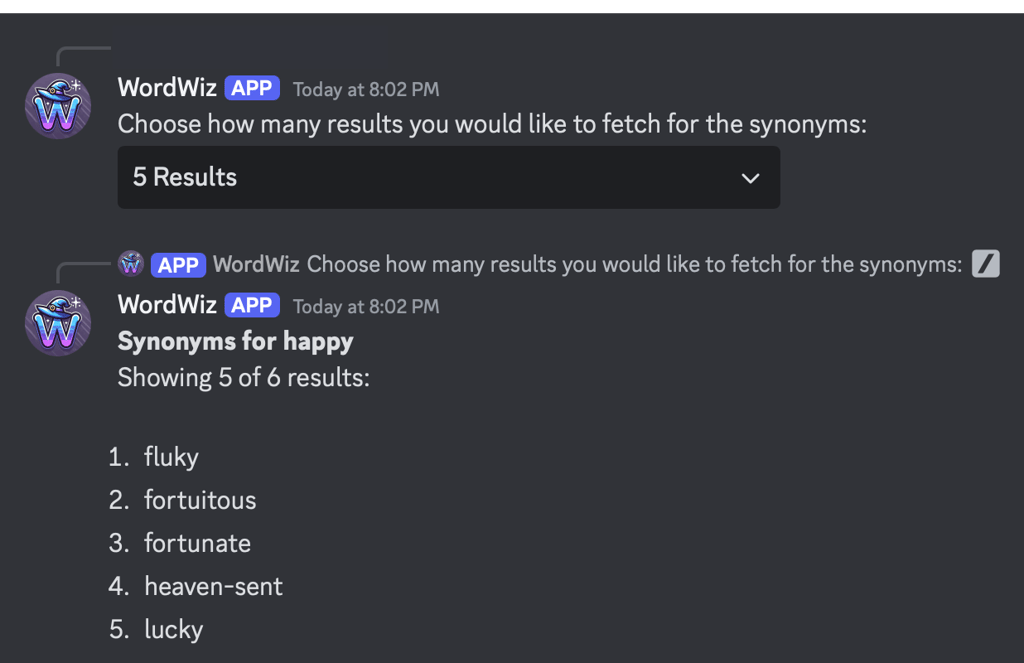 WordWiz bot response in Discord