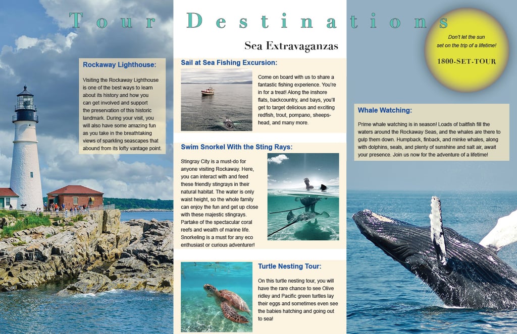 Inside pages brochure for Piddle Paddle Tours featuring a lighthouse, boat sailing, snorkeling, whale watching, and a turtle.
